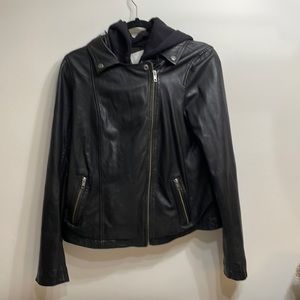 Caslon Leather Moto Jacket with Removable Hood